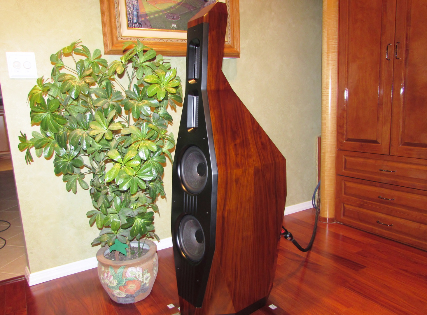 A wooden speaker with unique shape